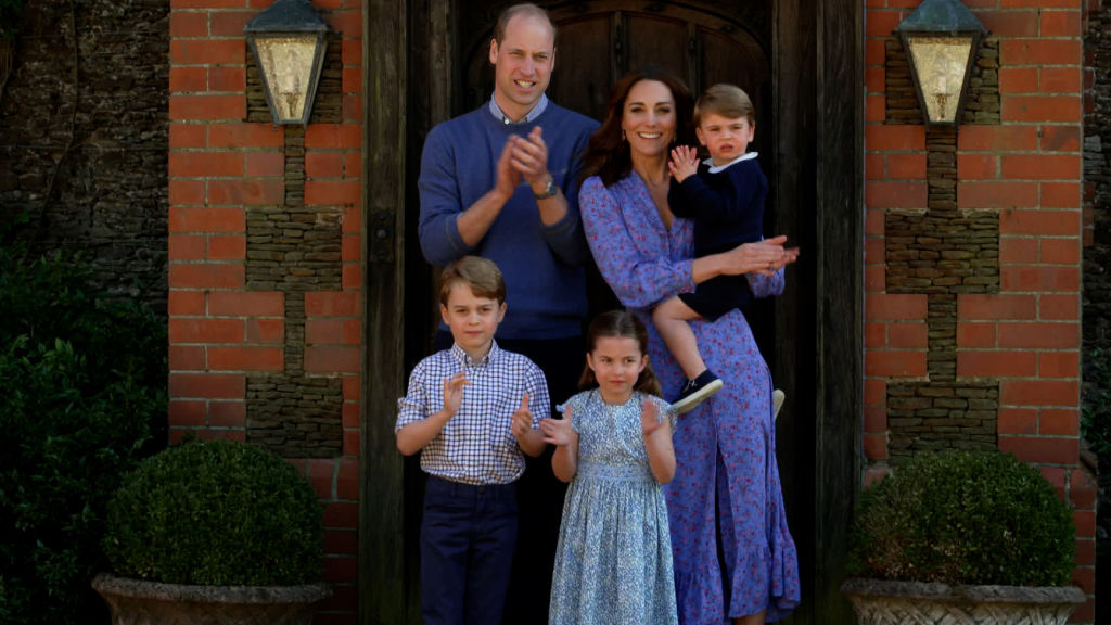 Prince William, Catherine Duchess of Cambridge, Prince George, Princess Charlotte, and Prince Louis clap for NHS carers as part of the BBC Children In Need and Comic Relief 'Big Night In at London