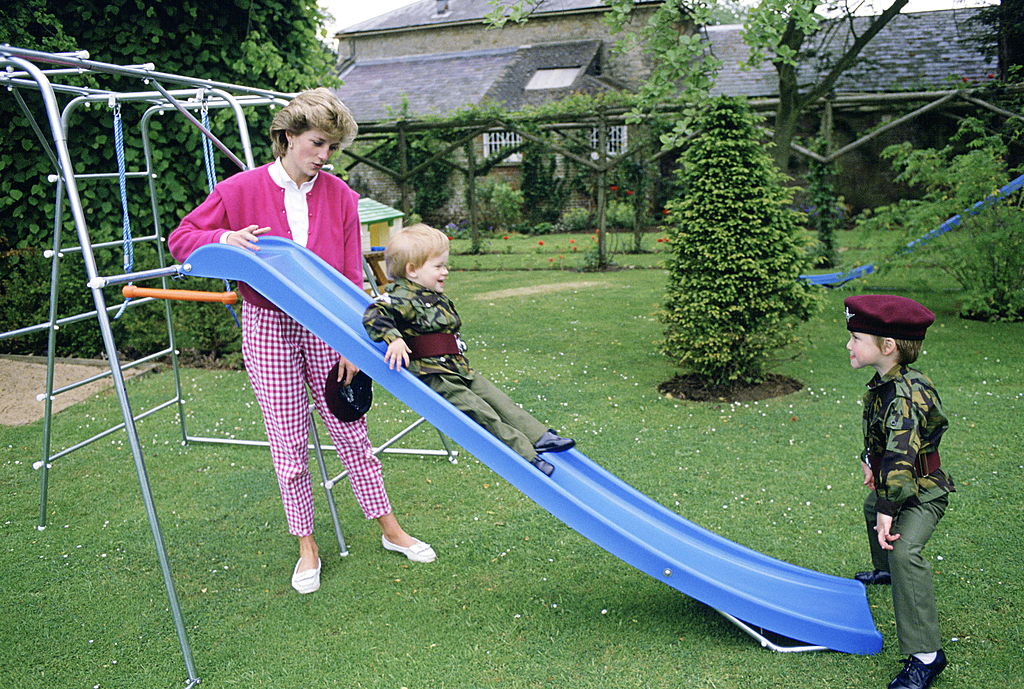 Princess Diana and Prince William watch as Prince Harry goes down a slide