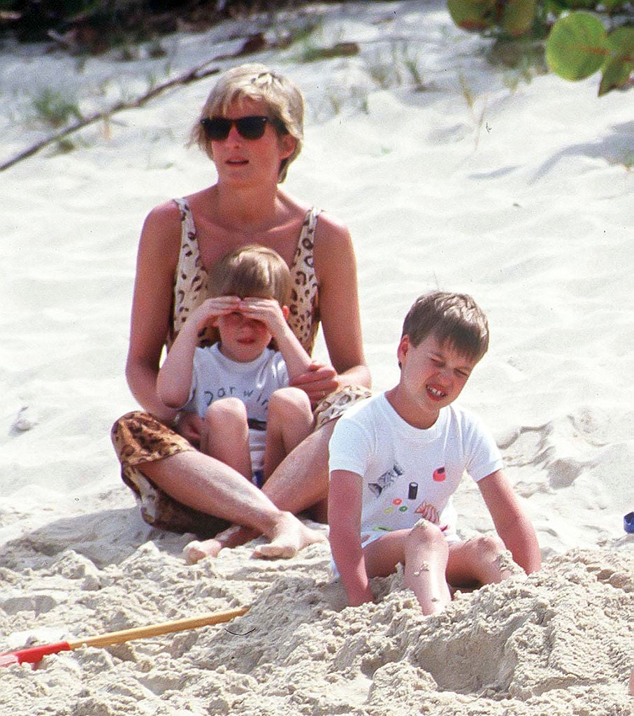 Princess Diana sits with Prince Harry in her lap next to Prince William