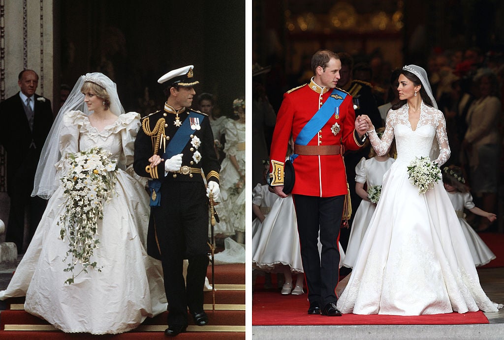 (L-R): Princess Diana and Prince Charles at their royal wedding; Prince William and Kate Middleton at their royal wedding