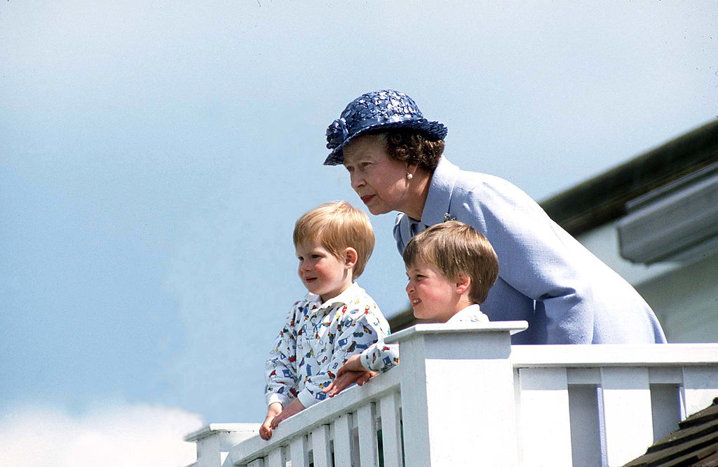 Queen Elizabeth II, Prince Harry, and Prince William in 1987