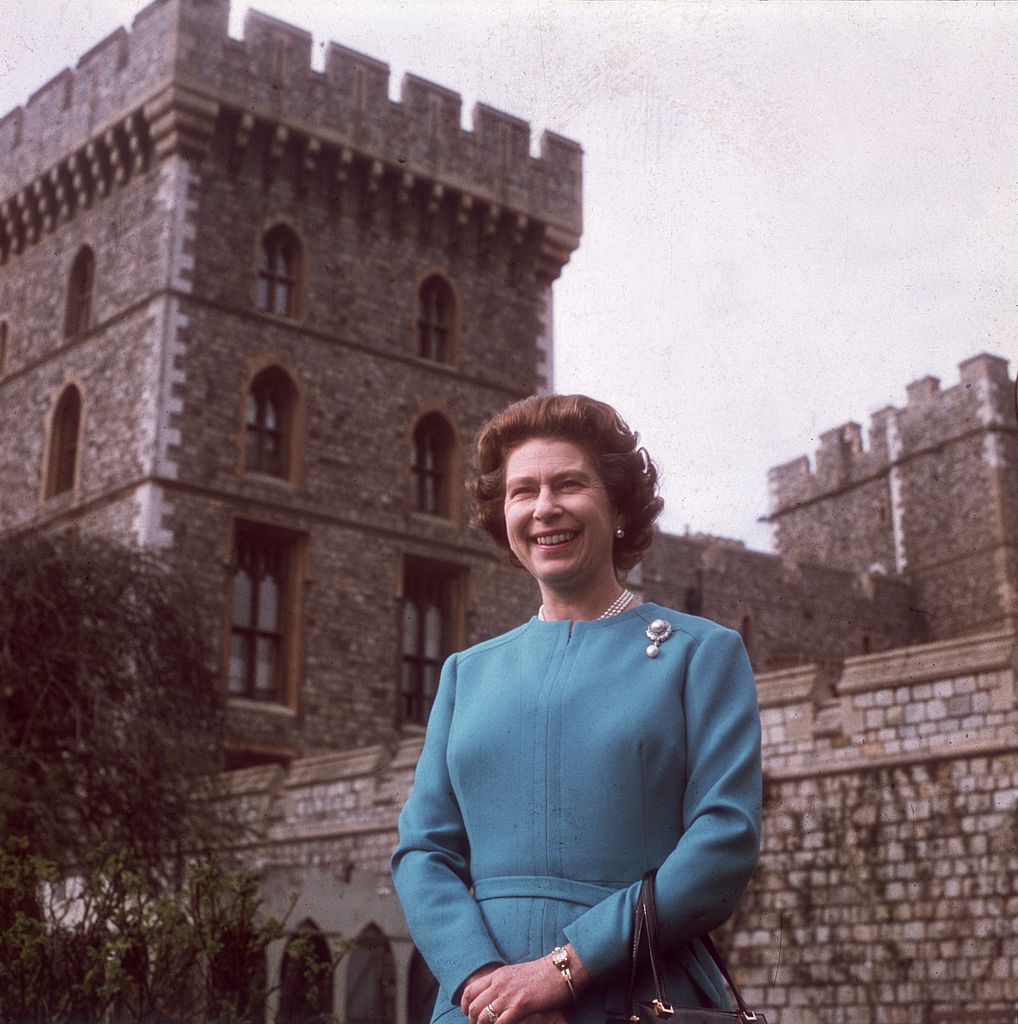 Queen Elizabeth II stands outside Windsor Castle on April 21, 1976, her 50th birthday