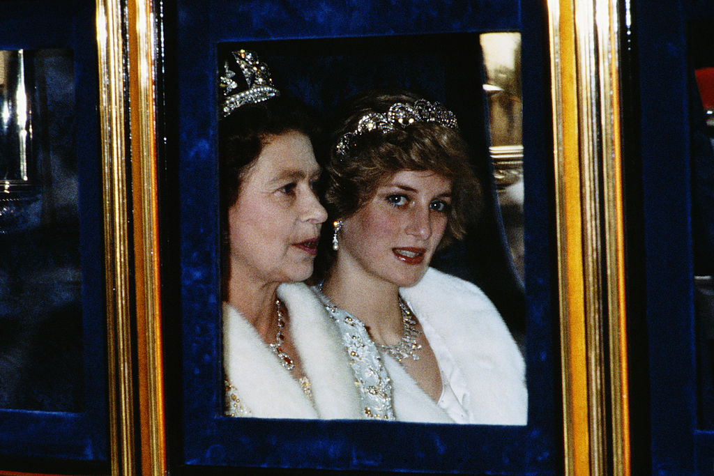 Queen Elizabeth and Princess Diana in Nov. 1982 attending the opening of Parliament in London, England