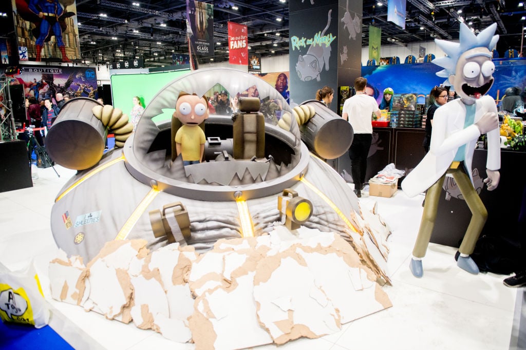 Rick and Morty statues at MCM London Comic Con 2018 at ExCel on October 28, 2018 in London, England. 