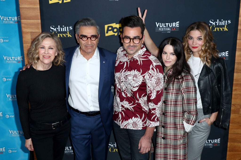 Catherine O'Hara, Eugene Levy, Dan Levy, Emily Hampshire, and Annie Murphy attend the 'Schitt's Creek' panel, part of Vulture Festival LA