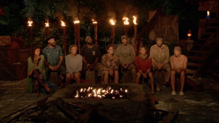 Michele Fitzgerald, Ben Driebergen, Sophie Clarke, Jeremy Collins, Kim Spradlin, Tony Vlachos, Denise Stapley, Nick Wilson and Sarah Lacina at Tribal Council