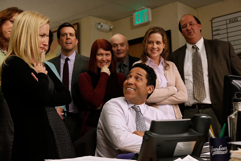 Angela Kinsey as Angela Martin, Ed Helms as Andy Bernard, Kate Flannery as Meredith Palmer, Oscar Nunez as Oscar Martinez, Creed Bratton as Creed Bratton, Jenna Fischer as Pam Beesly Halpert, Brian Baumgartner as Kevin Malone on 'The Office'