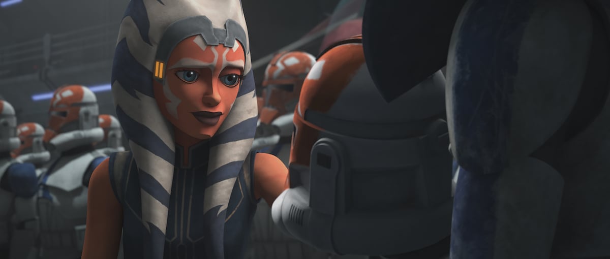 Ahsoka looks at the new 332nd company's helmets that are a tribute to her, in 'Star Wars' The Clone Wars.' 