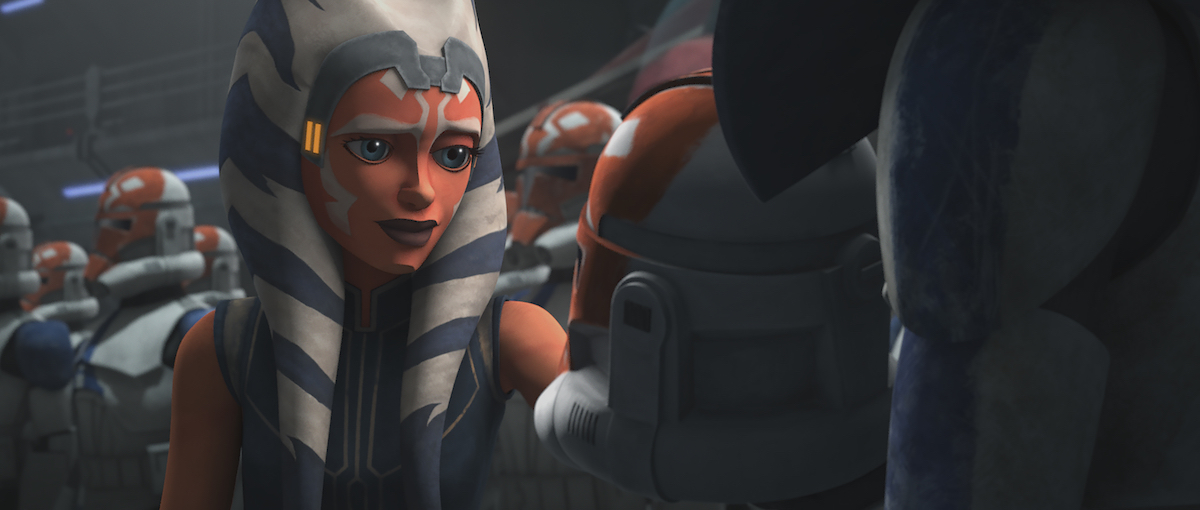 Ahsoka looks at the new 332nd company's helmets that are a tribute to her, in 'Star Wars' The Clone Wars.'