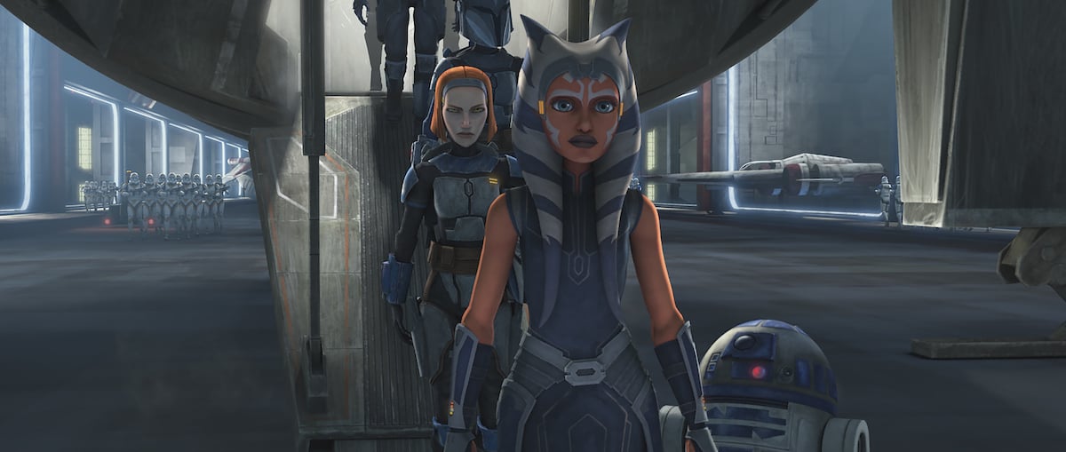 Ahsoka arrives to meet up with Obi-Wan Kenobi and Anakin Skywalker (and R2-D2), with Bo-Katan, 'Star Wars: The Clone Wars.'