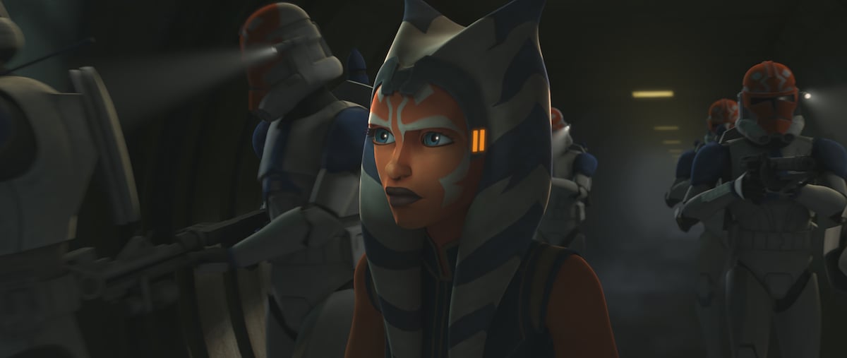 Ahsoka, Captain Vaughn, and the other 332nd members in the tunnels of Mandalore.