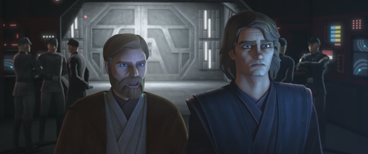 Obi-Wan Kenobi and Anakin Skywalker seeing Ahsoka through the holochat for the first time, 'Star Wars: The Clone Wars.'