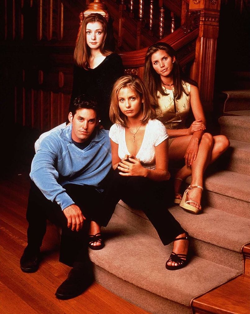 Alyson Hannigan as Willow Rosenberg, Charisma Carpenter as Cordelia Chase, Sarah Michelle Gellar as Buffy and Nicholas Brendon as Xander Harris in "Buffy The Vampire Slayer.'