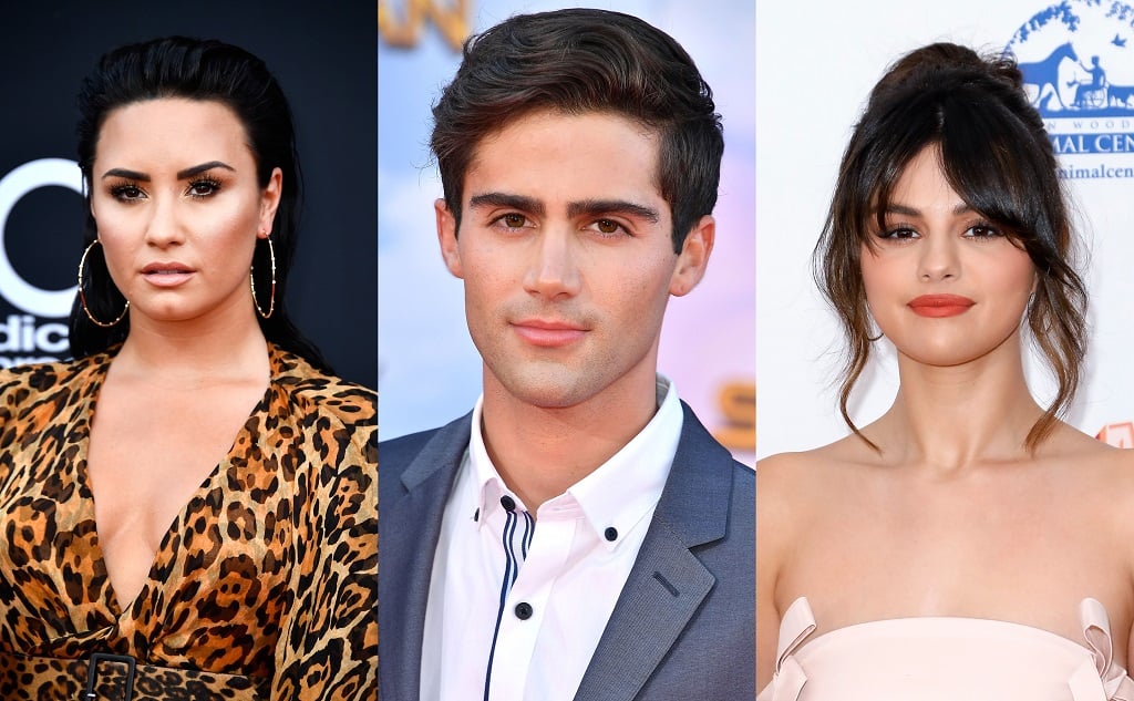 composite image of Demi Lovato, Max Ehrich, and Selena Gomez