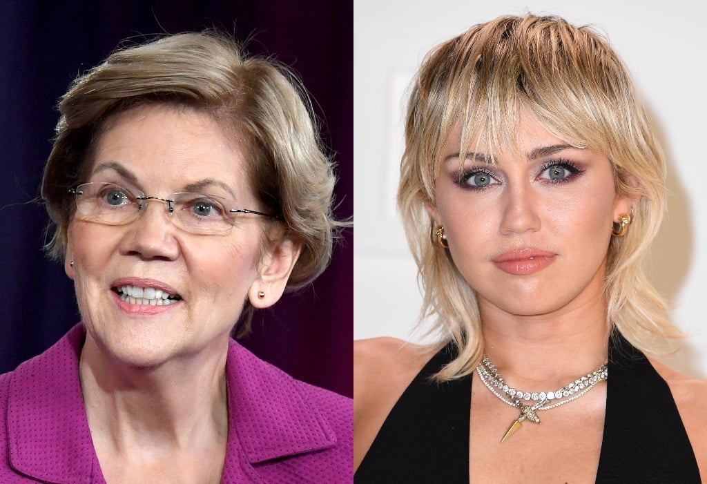 A composite image of Elizabeth Warren (L) and Miley Cyrus (R)