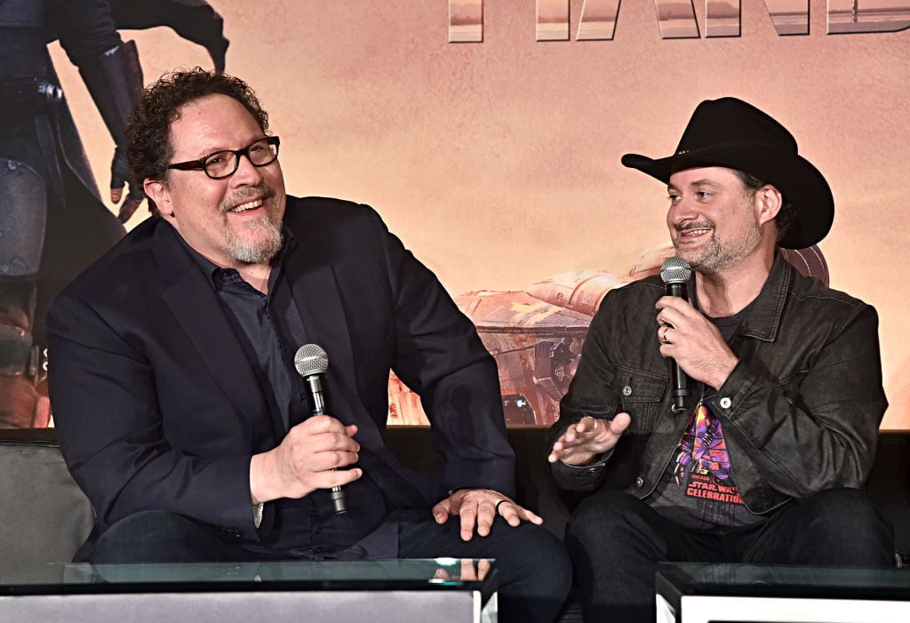 Executive producers/writers Jon Favreau and Dave Filoni of Lucasfilm's 'The Mandalorian' at the Disney+ Global Press Day on October 19, 2019.