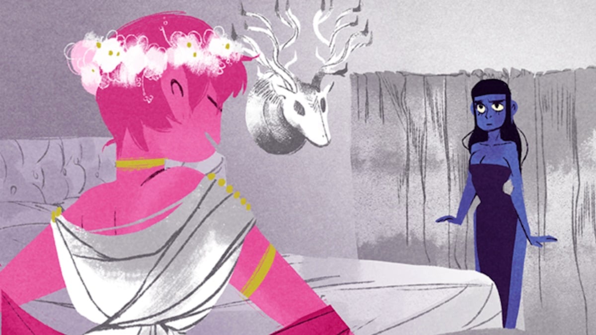 Persephone and Artemis talk in a scene from 'Lore Olympus,' a modern retelling of Hades and Persephone's myth.