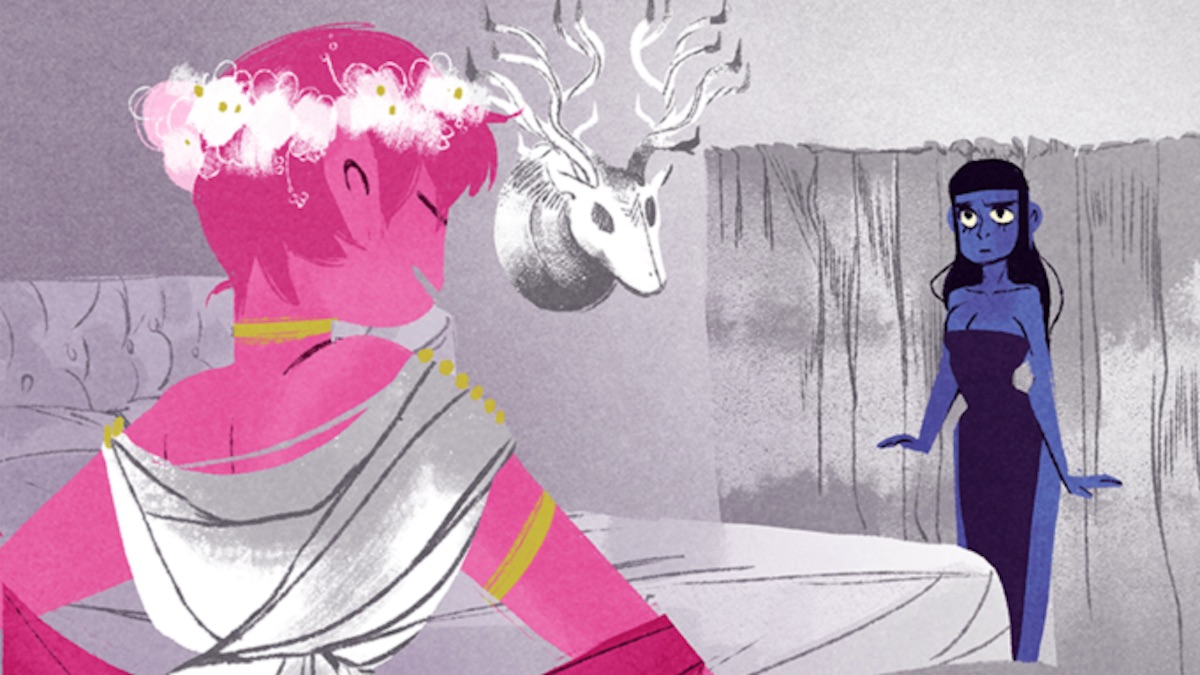 Persephone and Artemis talk in a scene from 'Lore Olympus,' a modern retelling of Hades and Persephone's myth.