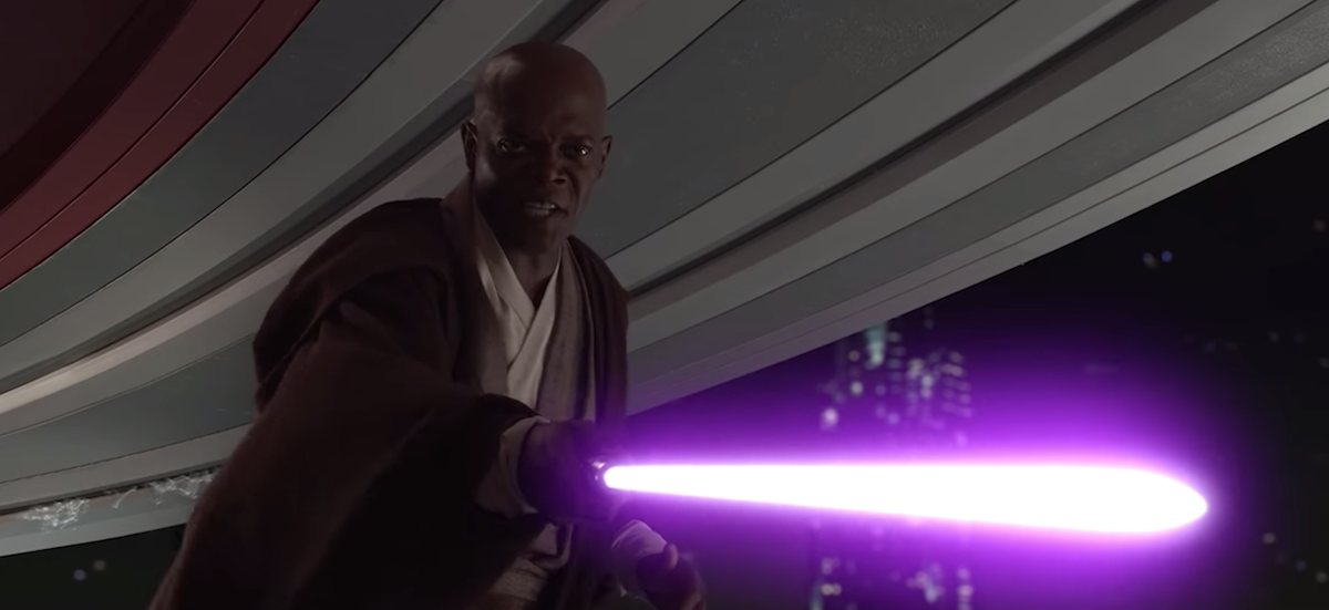 Mace Windu (Samuel L. Jackson) attacking Palpatine in 'Revenge of the Sith.'