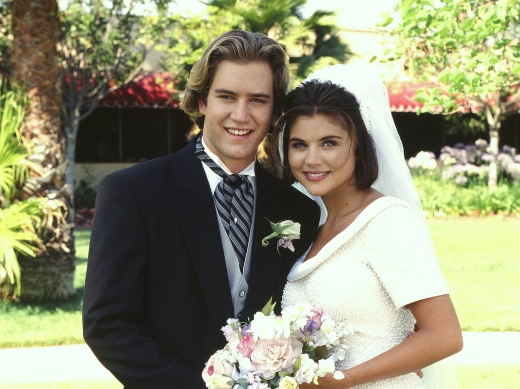 Mark-Paul Gosselaar as Zack Morris and Tiffani Thiessen as Kelly Kapowski in 'Saved by the Bell: Wedding in Las Vegas'