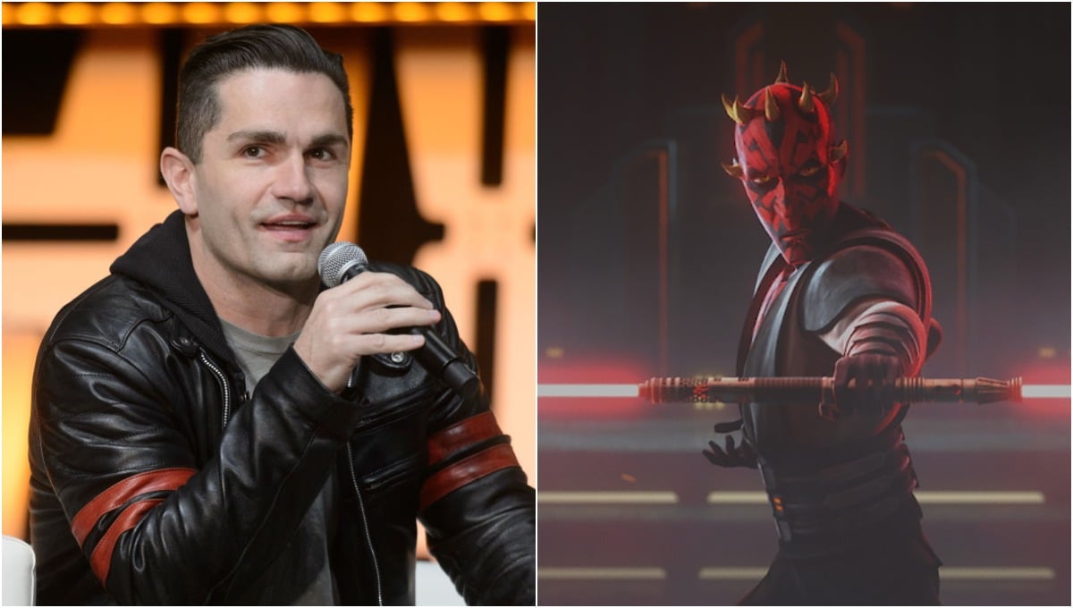 (L) Sam Witwer speaks at a panel at Star Wars Celebration 2019 in Chicago, IL/(R) Maul prepares to fight Ahsoka in 'Star Wars: The Clone Wars' Season 7