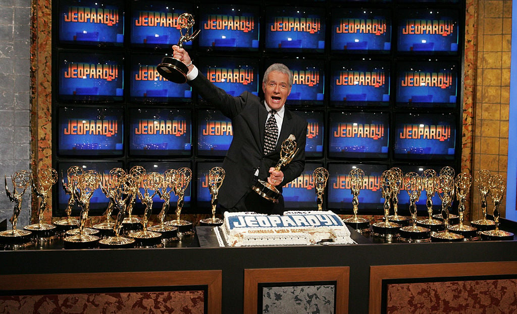 Alex Trebek poses with Emmy Awards when 'Jeopardy!' is inducted into the Guinness Book of World Records