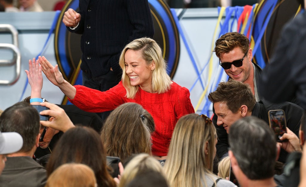 Brie Larson (Captain Marvel,) Chris Hemsworth (Thor,) and Jeremy Renner (Hawkeye)