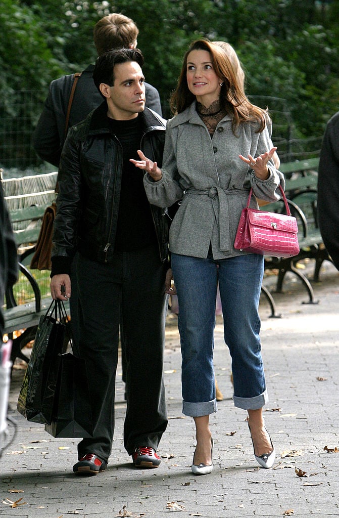 Mario Cantone as Anthony Marentino and Kristin Davis as Charlotte York on location in Central Park