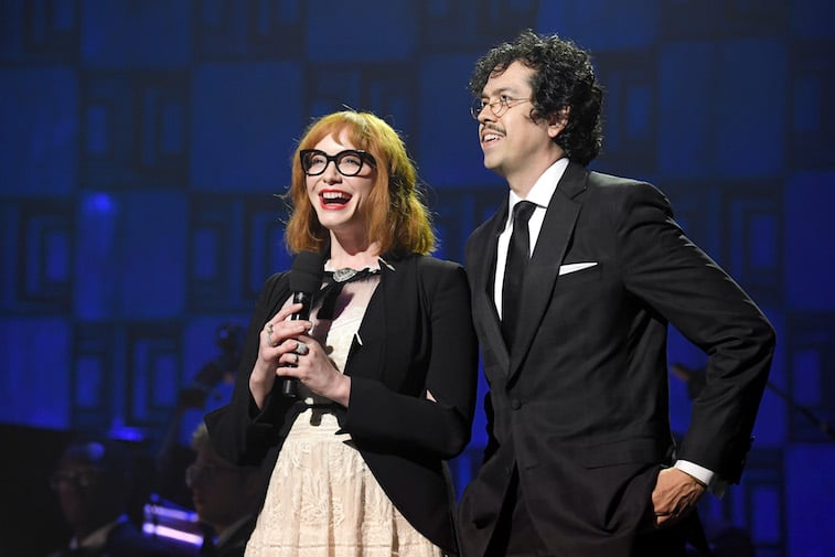 Christina Hendricks and Geoffrey Arend speak onstage