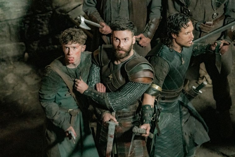 Finn Elliot, Mark Rowley, and Arnas Fedaravicius in 'The Last Kingdom'