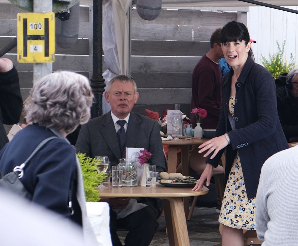 Martin Clunes and Caroline Catz filming 'Doc Martin'