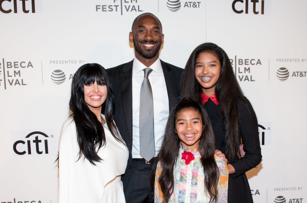 Vanessa Laine Bryant, Kobe Bryant, Gianna Maria-Onore Bryant, and Natalia Diamante Bryant on the red carpet at an event in April 2017