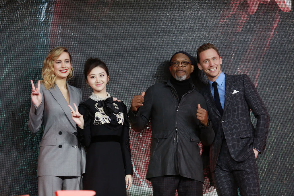 Brie Larson, Jing Tian, Samuel L. Jackson, and Tom Hiddleston at a press conference for 'Kong: Skull Island'
