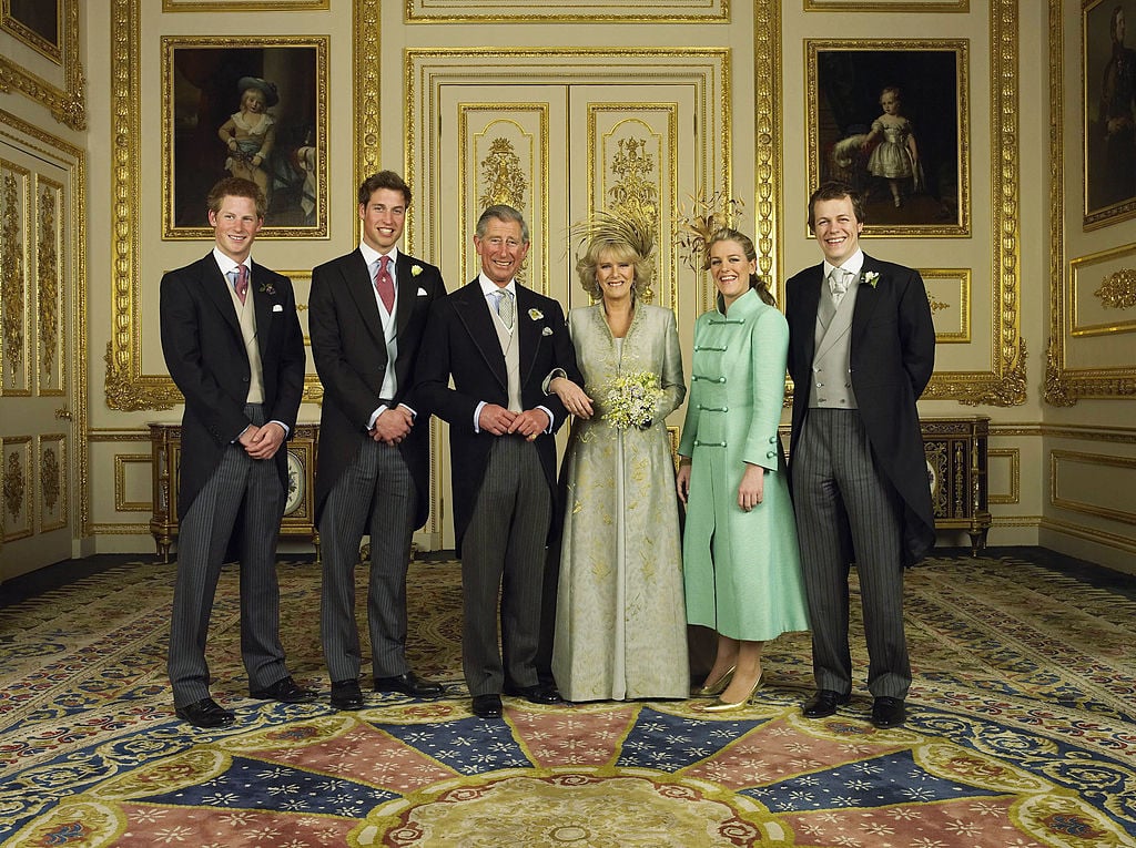 Clarence House official handout photo of the Prince of Wales and his new bride Camilla, Duchess of Cornwall, with their children (L-R) Prince Harry, Prince William, Laura and Tom Parker Bowles, in the White Drawing Room at Windsor Castle after their wedding ceremony April 9 2005, in Windsor, England