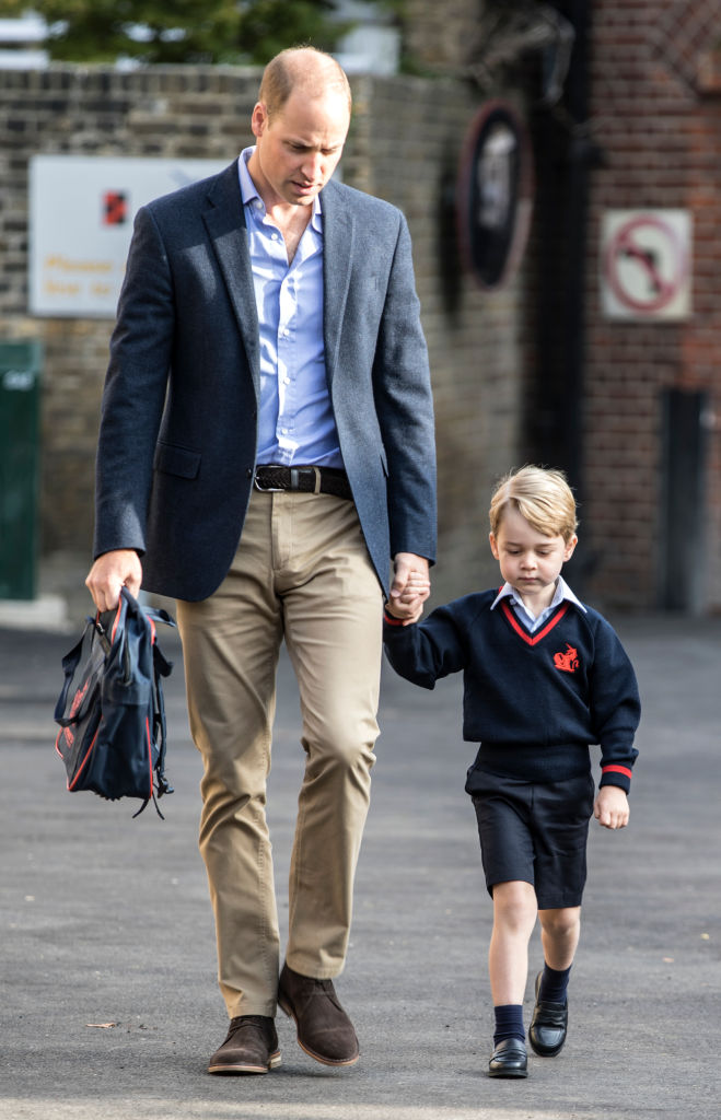 Prince George is taken to his first day of school by his dad, Prince William, in 2017