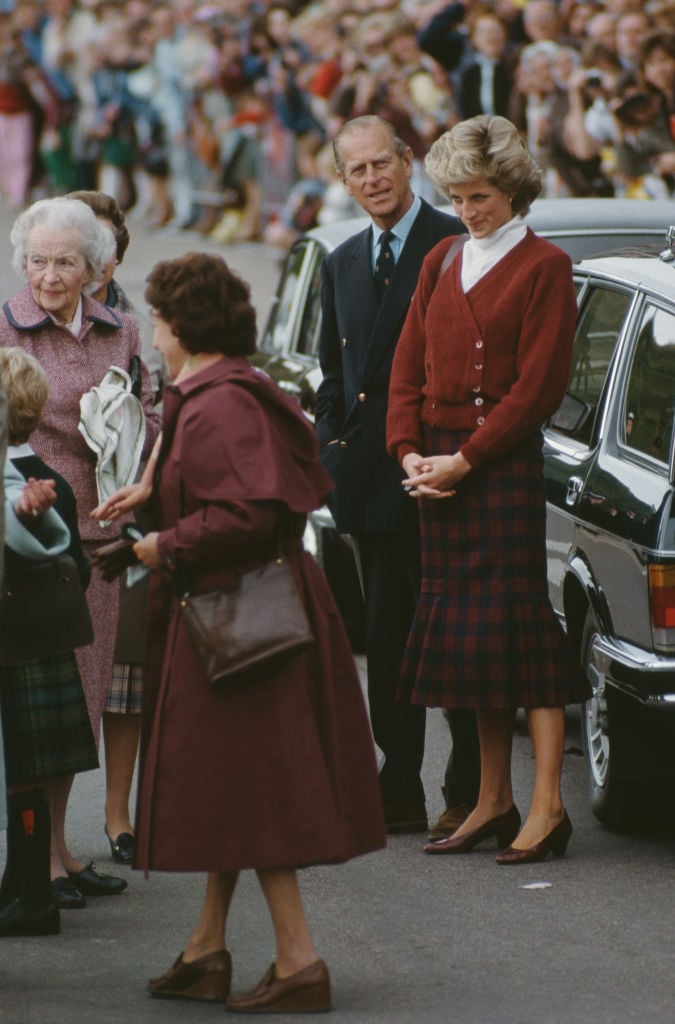Prince Philip and Princess Diana are greeted by Princess Diana's grandmother in Scotland