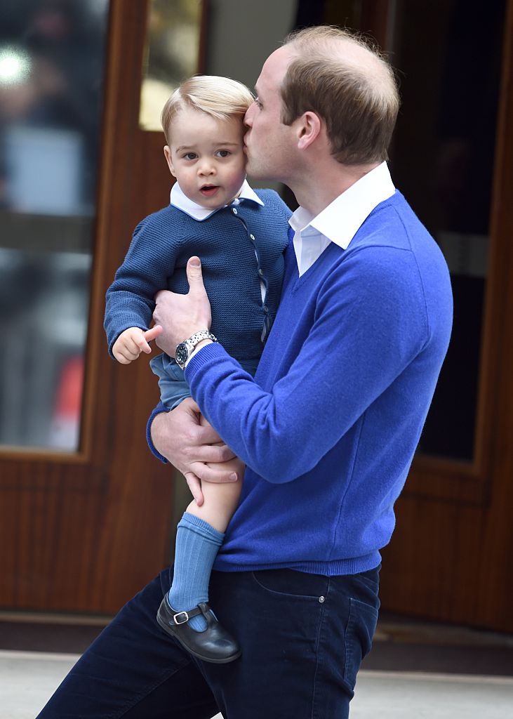 Prince William and Prince George arrive at the Lindo Wing to see Princess Charlotte and Kate Middleton