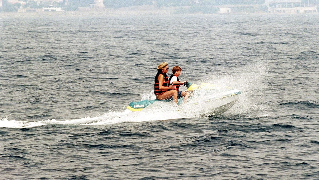 Princess Diana and Prince Harry on a jet ski in the South of France, 1996