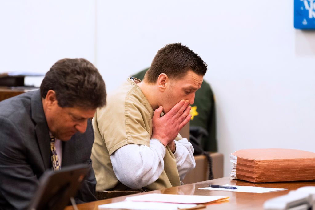 Josh Waring, right, and his lawyer Joel Garson listen to the judge during a hearing in superior court in Santa Ana, CA on Friday, March 6, 2020