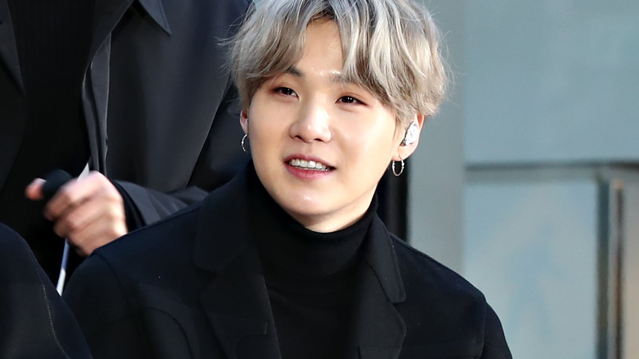 Suga of BTS visits the "Today" Show at Rockefeller Plaza on February 21, 2020 in New York City.