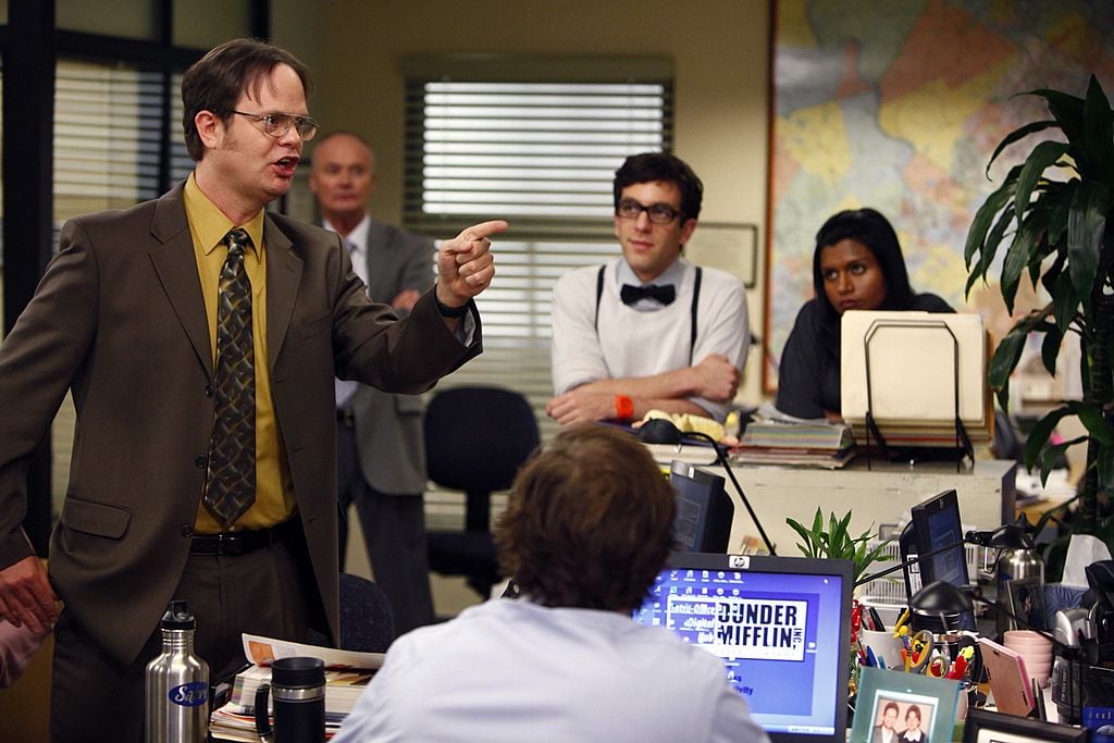 Rainn Wilson as Dwight Schrute, Creed Bratton as Creed, B.J. Novak as Ryan Howard, Mindy Kaling as Kelly Kapoor in 'The Office'