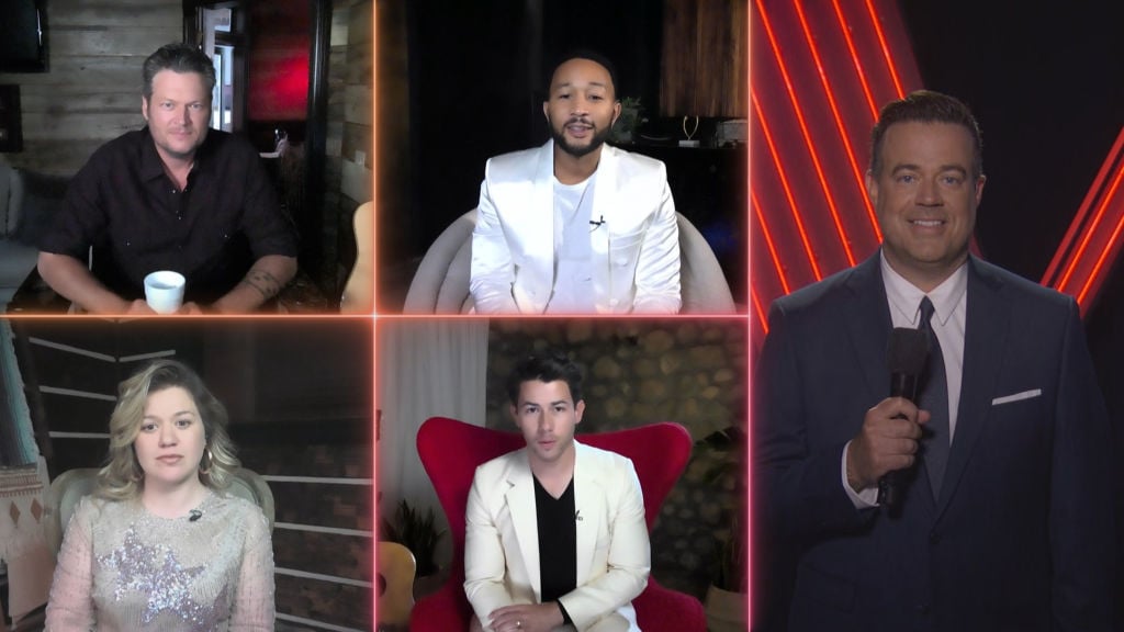 Blake Shelton, John Legend; (bottom row l-r) Kelly Clarkson, Nick Jonas; (right) Carson Daly on 'The Voice'