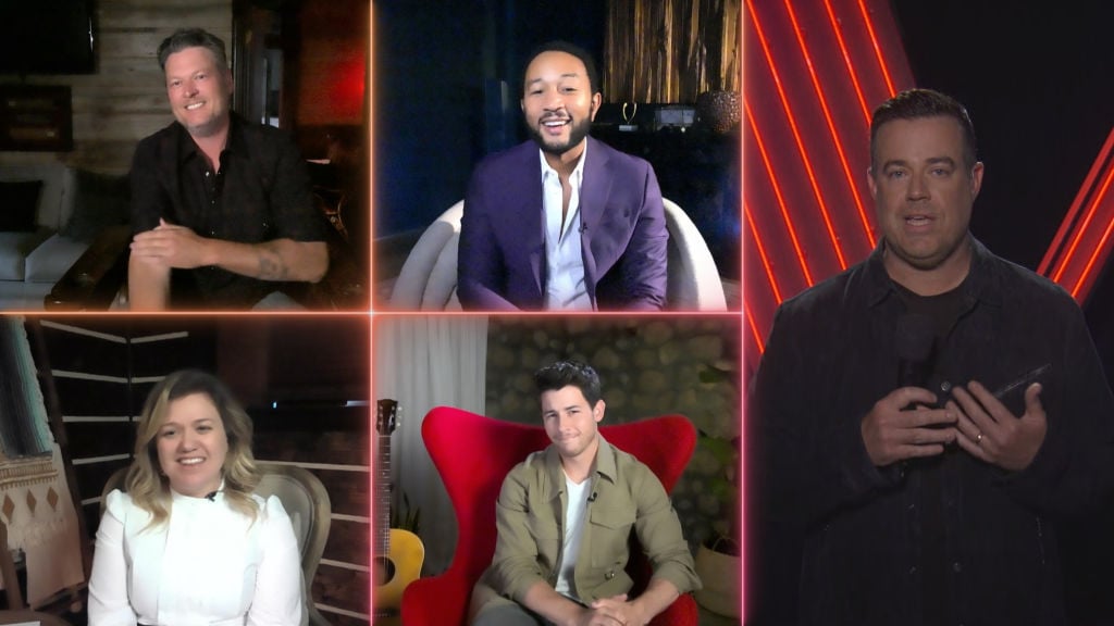 (top row l-r) Blake Shelton, John Legend; (bottom row l-r) Kelly Clarkson, Nick Jonas; (right) Carson Daly on 'The Voice'