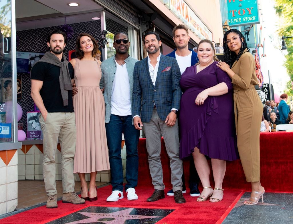 Milo Ventimiglia, Mandy Moore, Sterling K. Brown, Jon Huertas, Justin Hartley, Chrissy Metz, and Susan Kelechi Watson of 'This Is Us' attend a ceremony honoring Mandy Moore with a star on The Hollywood Walk of Fame on March 25, 2019 in Hollywood, California. 