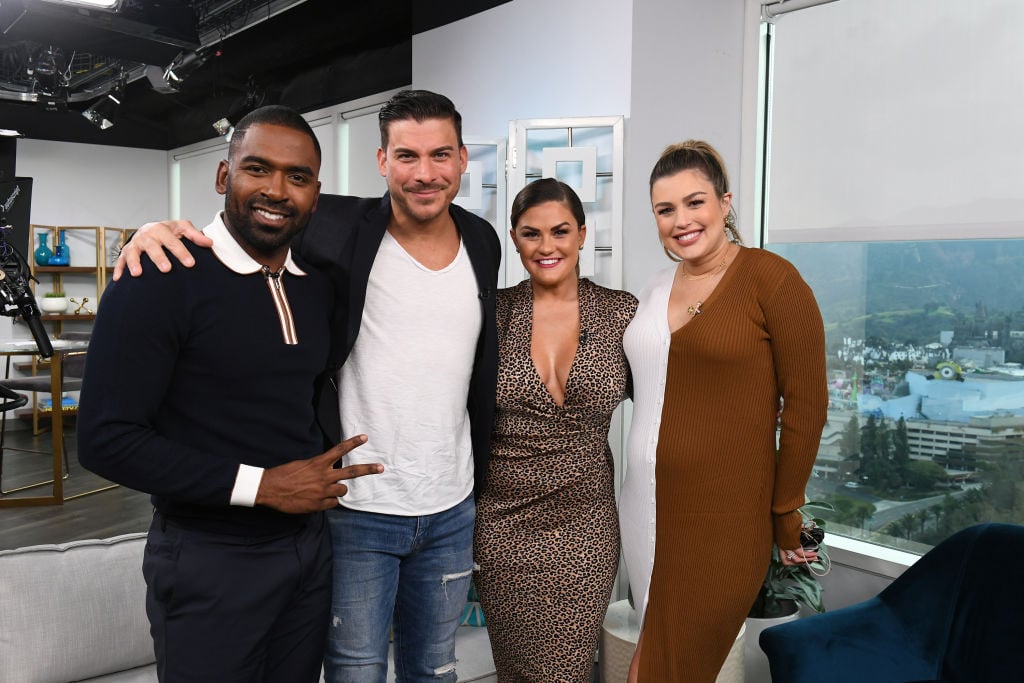 Justin Sylvester poses with Vanderpump Rules cast members Jax Taylor and Brittany Cartwright, along with Co-Host Carissa Culiner