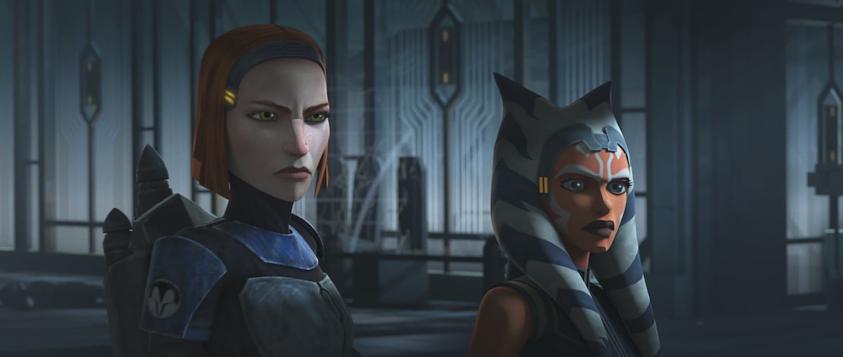 Bo-Katan and Ahsoka stand in the throne room on Mandalore in 'Star Wars: The Clone Wars.'