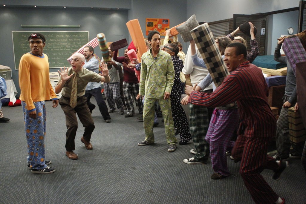 Donald Glover as Troy, Jim Rash as Dean Pelton, and Danny Pudi as Abed on 'Community'
