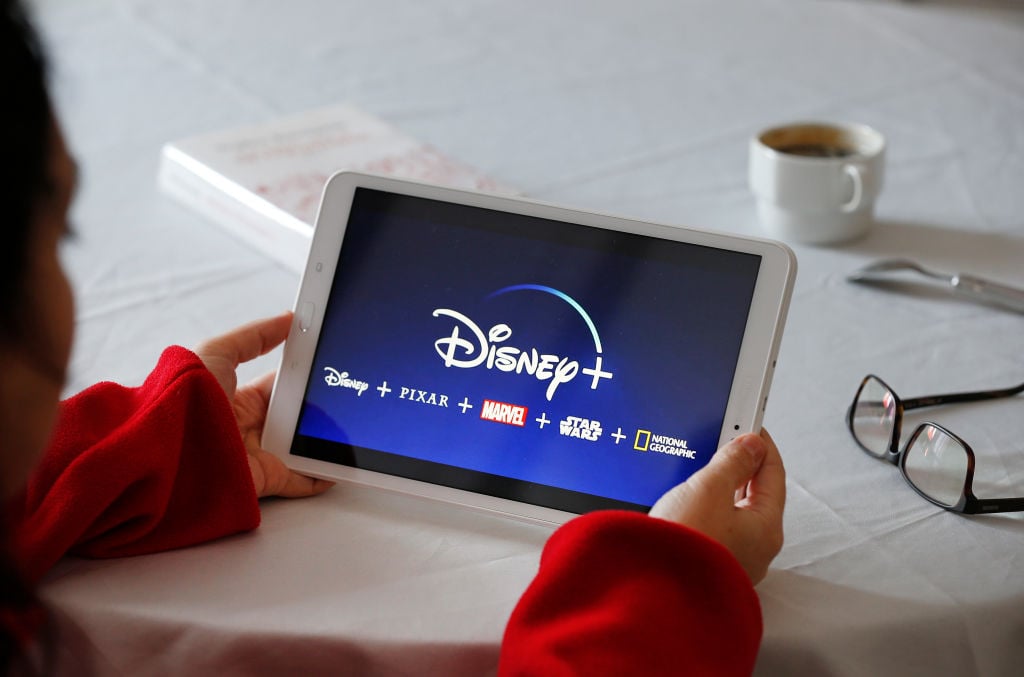 The Disney+ logo on the screen of a tablet on November 20, 2019, days after it launched in America