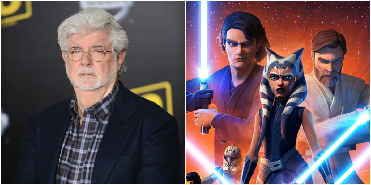 (L) George Lucas at the premiere of 'Solo: A Star Wars Story' on May 10, 2018 / (R) Poster for 'Star Wars: The Clone Wars,' with Anakin, Ahsoka, and Obi-Wan 