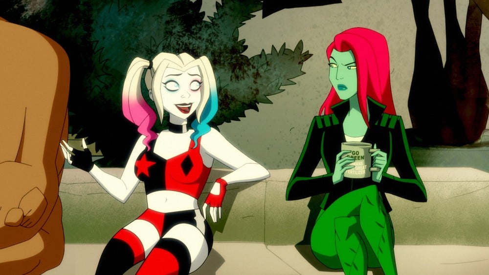 Harley Quinn talks to Poison Ivy on her couch in DC Universe's 'Harley Quinn' show.